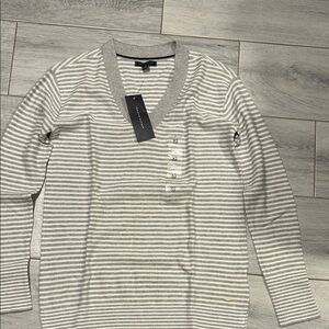 Tommy Hilfiger Gray Striped V-Neck Sweater